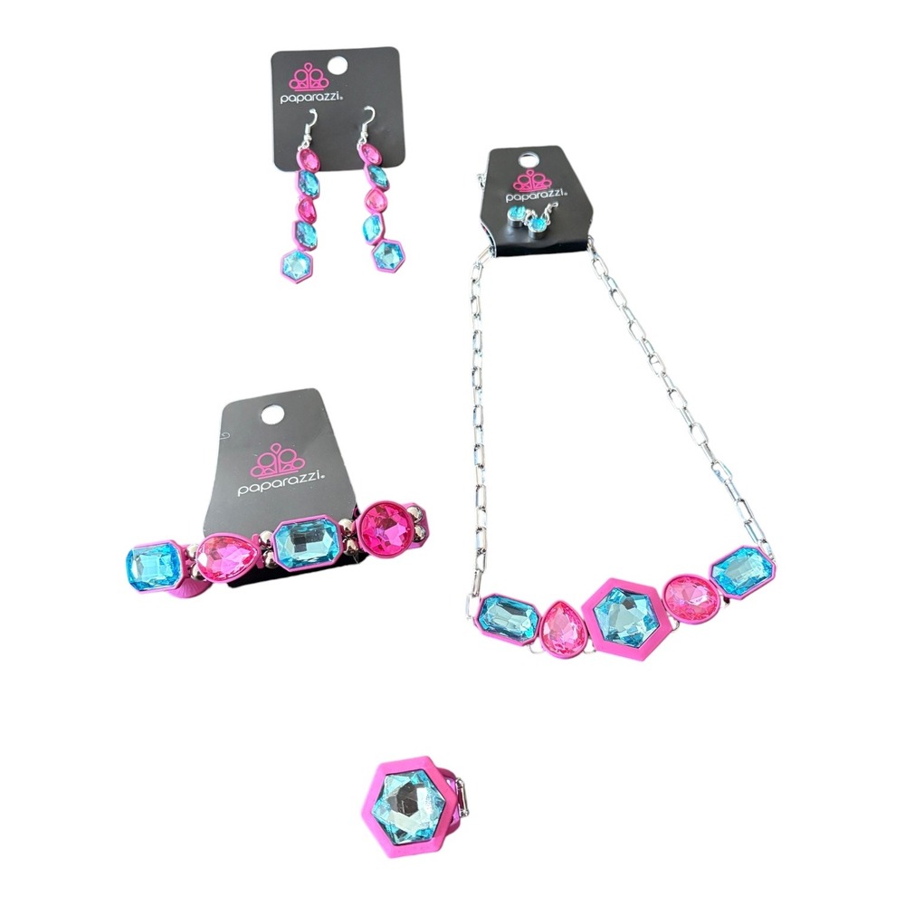 Paparazzi Pink Blue Rhinestone Jewelry Set Necklace Earrings Bracelet Ring NEW